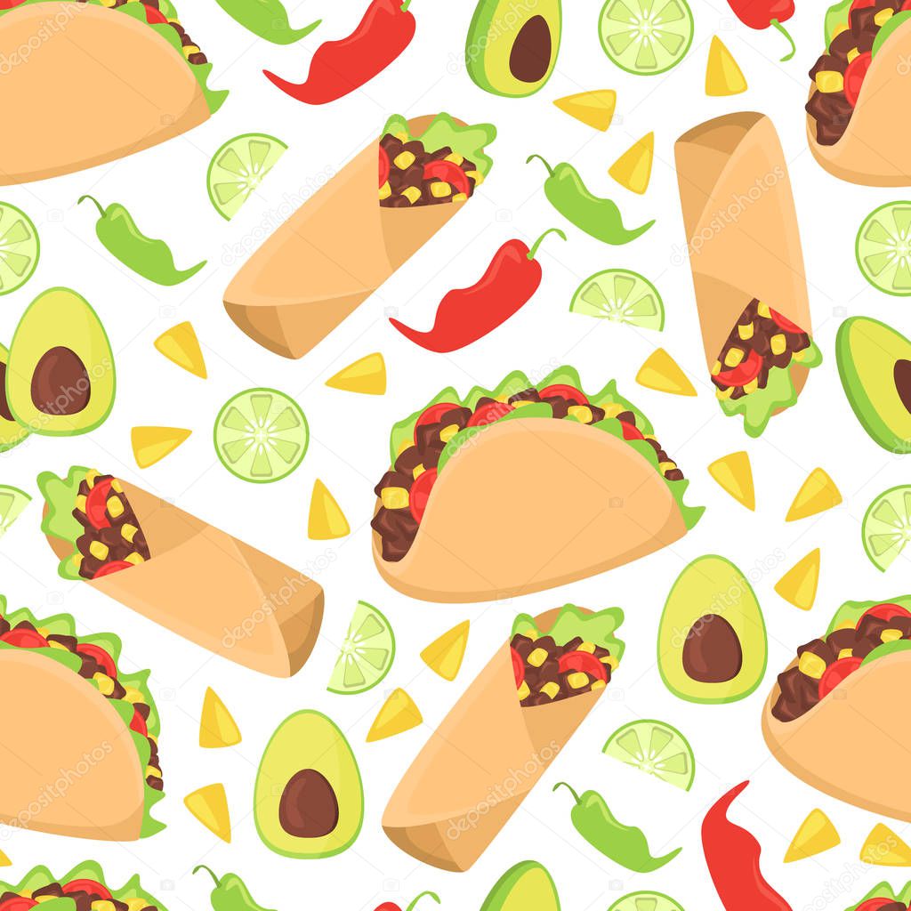 Mexican food seamless pattern fresh chili nachos vector illustration. Traditional mexico culture spicy burrito background. Tasty latin meal lunch wallpaper cooking cuisine.