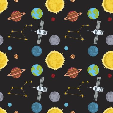 Dikişsiz desen arka plan vektör çizim roket sahası küre Güneş sistemi ve evren gezegen gökyüzü.