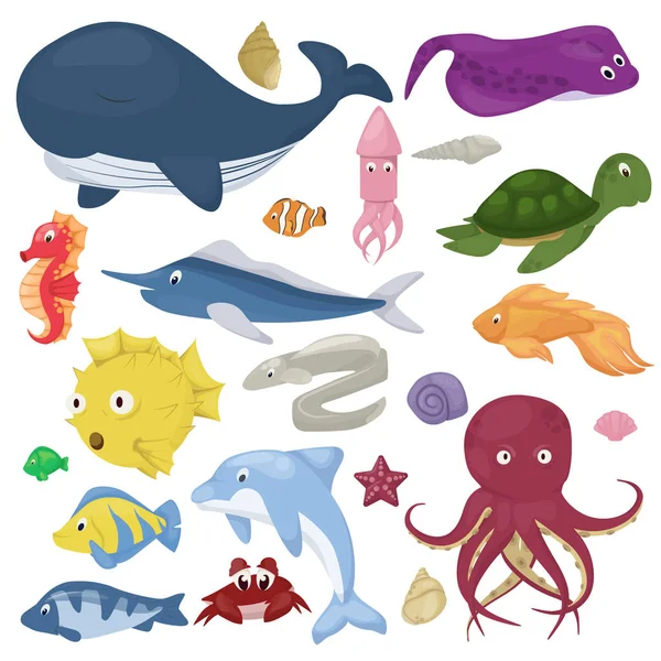 Sea animals vector water plants ocean fish cartoon illustration undersea water marine aquatic character life. — Stock Vector