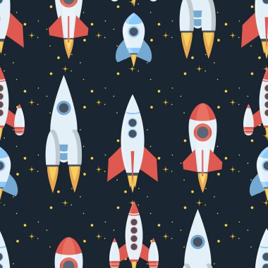Dikişsiz desen arka plan vektör çizim roket sahası küre Güneş sistemi ve evren gezegen gökyüzü. Uçuş uzay astronot keşif seyahat Servisi. Kozmonot uzay adamı ocketship.