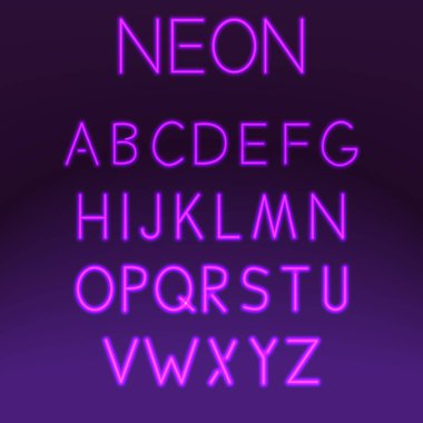 Neon yazı gece alfabe mor arka plan vektör çizim üzerinde ayarlayın. Mektup elektrik tipografi lambası türü.