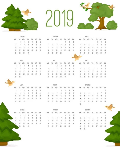 Calendario 2019 Semana Comienza Partir Del Domingo Ilustración Vector Plantilla — Vector de stock