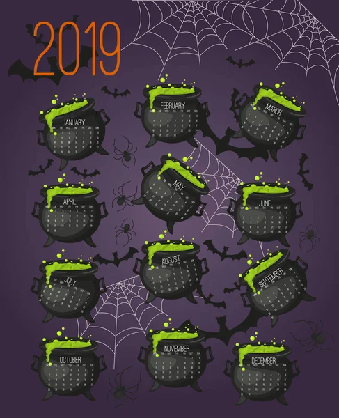 Calendario Halloween Con Vacaciones Terror 2019 Murciélago Telaraña Espeluznante Espeluznante — Vector de stock