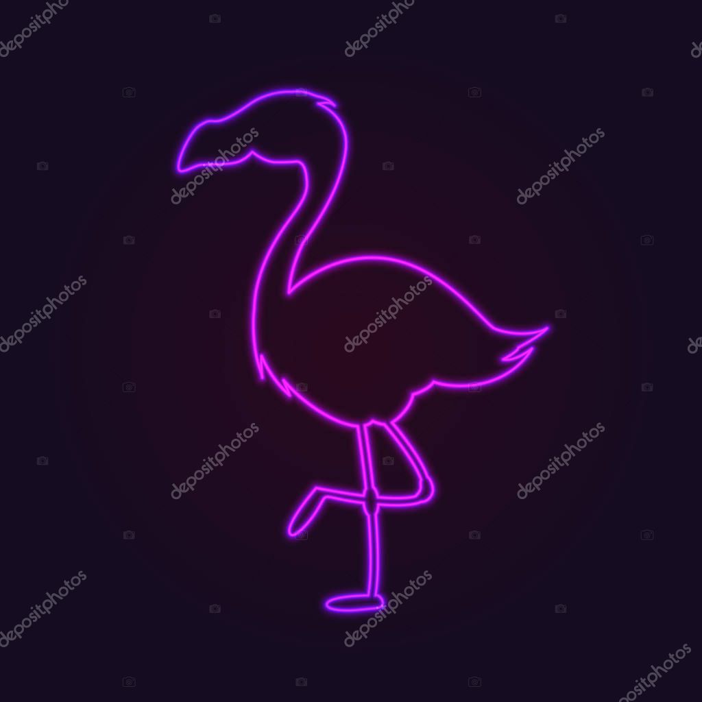 Pink neon flamingo vector light sign illustration. Fluorescent tropical bird decoration glowing element. Glow night and bright electric flamingos bar emblem.