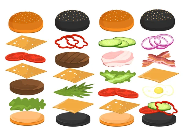 Burger Zutaten Für Hamburger Food Sandwich Vektor Illustration Geschnitten Gemüse — Stockvektor