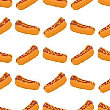 Sosisli sandviç sosis, Domates ketçap ve hardal sosu seamless modeli lokanta Amerikan yemeği vektör çizim. Desen sosisli vektör arka plan