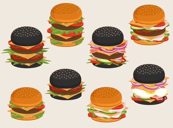 Burger Zutaten Für Hamburger Food Sandwich Vektor Illustration Geschnitten Gemüse — Stockvektor