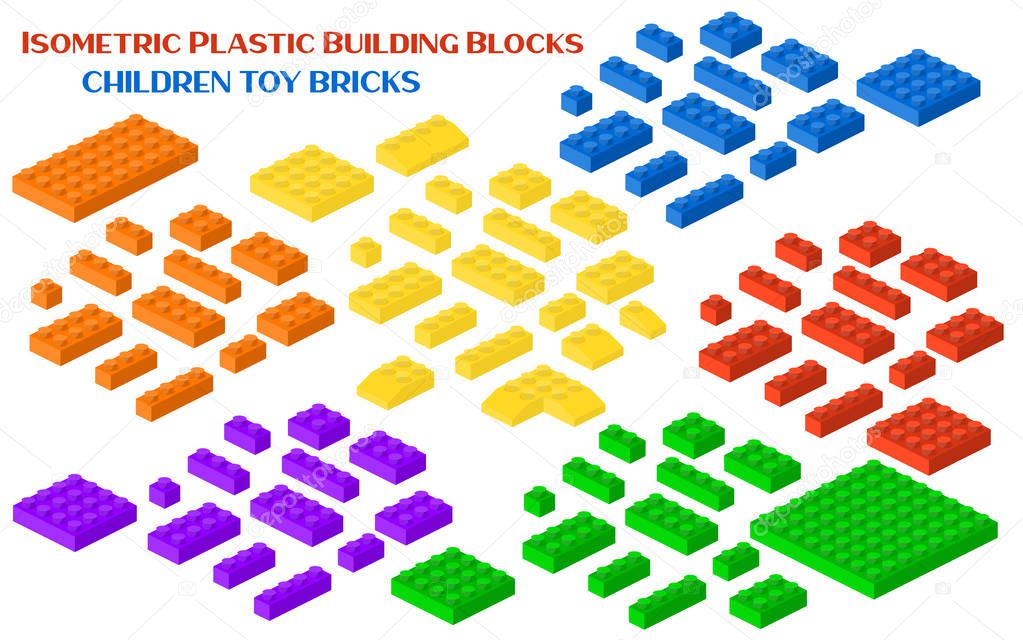 Isometric constructor blocks 3d preschool build cubic vector illustration. Cube brick and block, 3d child toy isometric, geometric plastic construction. Plastic game building blocks