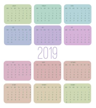 Takvim 2019, haftası Pazar, iş şablon vektör çizim başlar. Basit Takvim tarihi yıl Organizatör tasarımı.