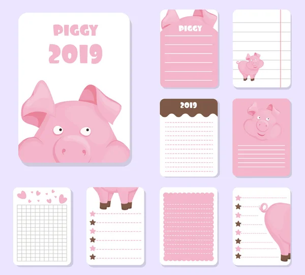 Kids notebook page pig template vector cards piggy, notes, stickers, labels, pink tags paper sheet illustration. — Stock Vector