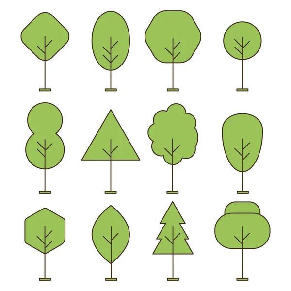 Ağaç anahat orman ince çizgi vektör simgeler kümesi. Doğrusal tarzı resimde yeşil bitki topluluğu. — Stok Vektör