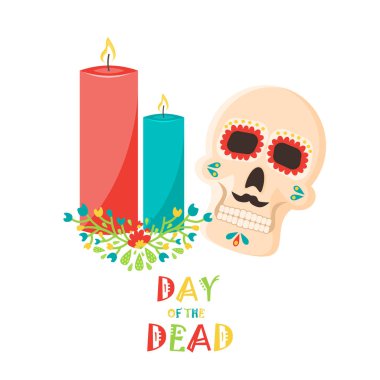 Gün ölü poster, Meksika dia de los muertos kafatası tatil vektör çizim şeker..