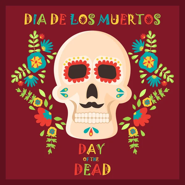 Día del cartel muerto, día mexicano de los muertos de azúcar cráneo vacaciones vector ilustración . — Vector de stock