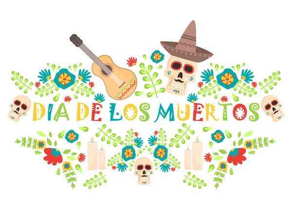 Día del cartel muerto, día mexicano de los muertos de azúcar cráneo vacaciones vector ilustración . — Vector de stock