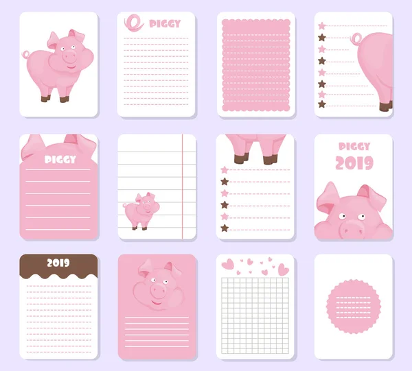 Crianças notebook page porco modelo vetor cartões porquinho, notas, adesivos, rótulos, etiquetas rosa folha de papel ilustração . — Vetor de Stock