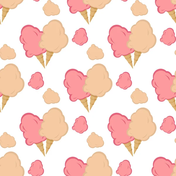 綿菓子ラッパーのシームレスなパターン ベクトル図砂糖雲の壁紙のデザート ふわふわおいしい甘いおいしい 綿菓子カーニバル スナック — ストックベクタ
