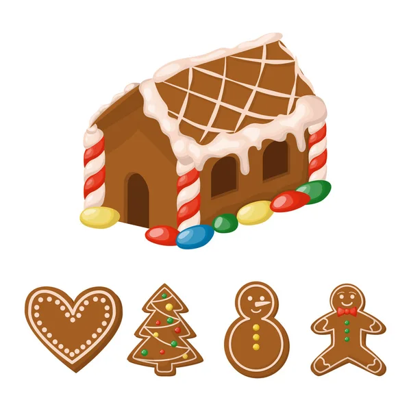 Gingerbread house Noel tatlı geleneksel tatil yiyecek şeker tatlı kurabiye vektör çizim. — Stok Vektör