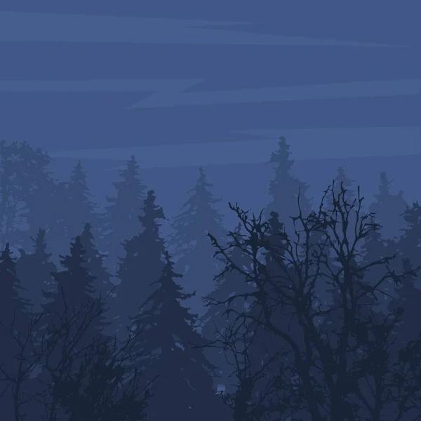 Foggy forest in gloomy landscape natural outdoor pine environment wood vector illustration.