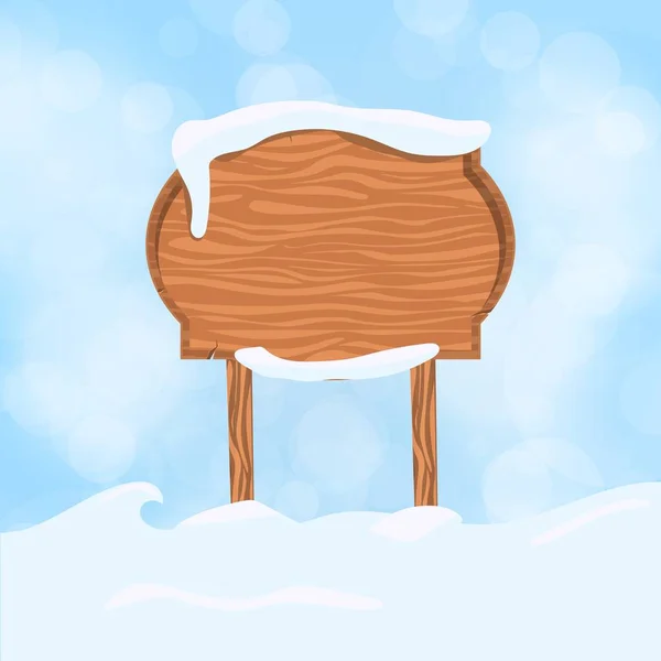 Muestra de madera tablero en blanco y nieve de invierno con ilustración de vectores de espacio de copia — Vector de stock