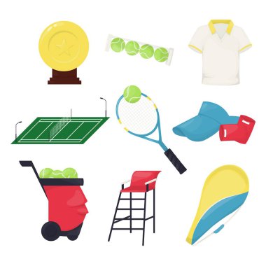 Tenis topu ekipman Çal ball oyun vektör rekabet etkinlik çizim. Eğitim spor maç Şampiyonası araçları. Tek tip fitness profesyonel hobi spor.