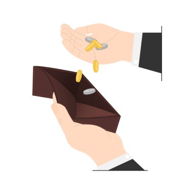 Adamın işsiz parası yok ve iflas etmiş cüzdanına bakıyor. Stres krizi, işsiz iş adamları iş bekliyor, durgunluk durumu umutsuzluk krizi konsepti. Vektör illüstrasyonu