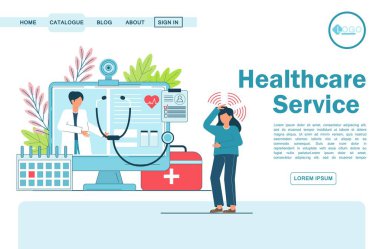 Teletıp, Çevrimiçi Doktor, Hastalar İçin Tıbbi Servis. Vektör illüstrasyonu Online medikal iniş sayfası. Doktor ile internet üzerinden tıbbi danışmanlık. Teletıp konsepti Sağlık Hizmetleri