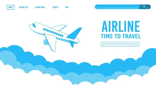 Flugticketvorlage Oder Landing Page Design Banner Mit Fliegendem Passagierflugzeug Himmel — Stockvektor