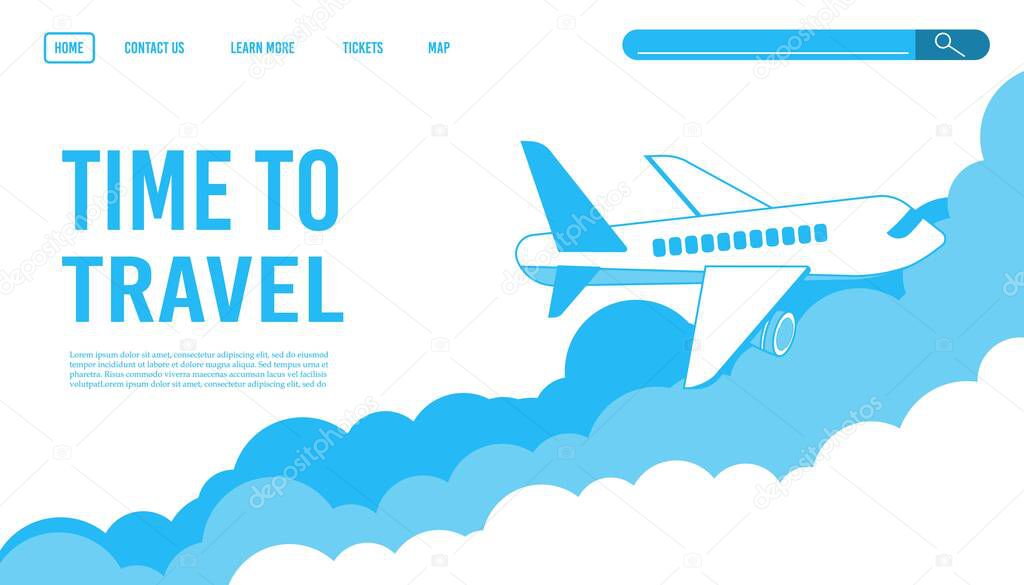 Airplane ticket template or landing page resumption of flights, banner with flying airliner in sky with clouds, passenger aircraft, plane, tourism concept, vector. Reopening airline travel flight.