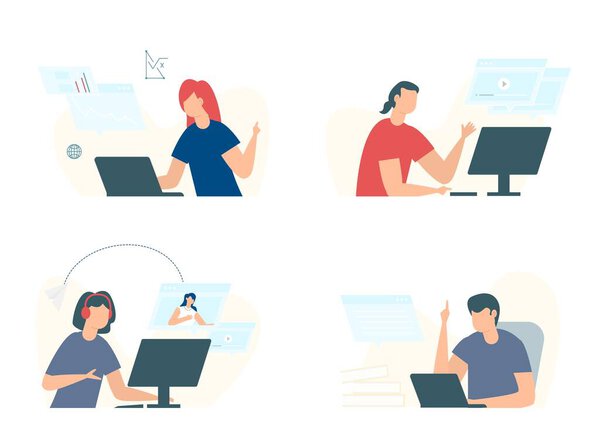 Distance education people study during quarantine Group of young people studying online with computers. Internet technology student learning. Co working home. Freelancer webinar illustraion.