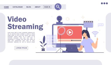 Canlı yayın, yayın konsepti. Video yayını podcast. İş ortaklaşa çalışma süreci. Çevrimiçi video vektörü. Video blogu. Video konferansı ve online iletişim. Vlog indirme sayfasını yayınla