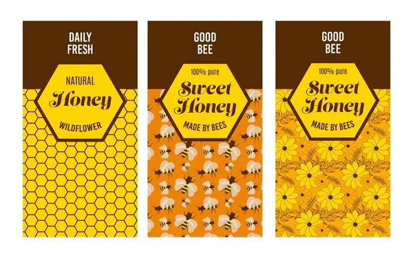 Bal arısı organik ürün afişleri papatya ve bal peteği elementleri vektör illüstrasyonlu. — Stok Vektör