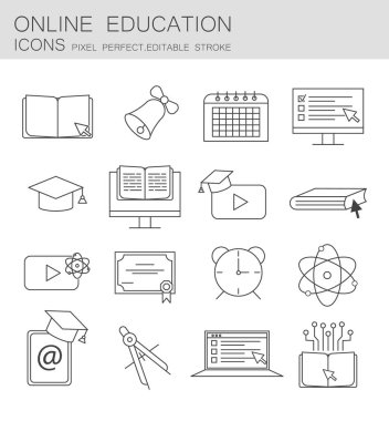 Çevrimiçi eğitim ince çizgi simgeleri ayarlandı. Çevrimiçi dersler, eğitim kursları, online kitapçı, üniversite. Mobil uygulama ağı okul teknolojisi simgeleri. Yaratıcı internet eğitimi kursu.