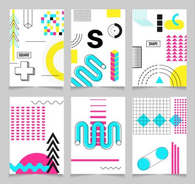 Geometrik şekiller. Neo Memphis geometrik poster kartlarında parlak kalın renkli zikzaklar, karalamalar, düzensiz görüntüler. Minimum kapaklı kaotik retro pop. Dergi, broşür, ilan panosu.