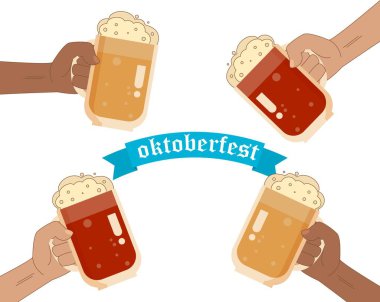 Farklı milletler festivalinin ellerinde Ekim Festivali bira bardağı. Almanya geleneksel alkol partisi. Tatil barı. Ekim şenlikli çubuk kraker bira festivali. Oktoberfest bira Bavyera gıda vektörü.