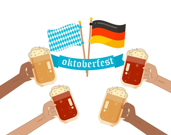 Oktoberfest Ölglas Händerna Olika Nationaliteter Festival Tyskland Traditionell Alkoholfest Helgpub — Stock vektor