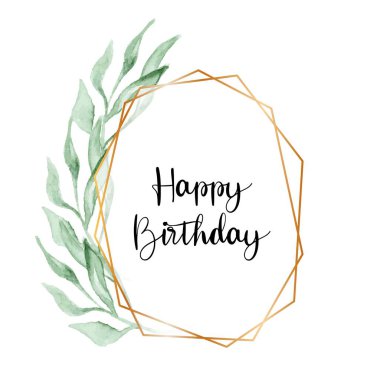 Düğün davetiyesi çerçevesi. Suluboya yeşili, beyaza izole edilmiş altın geometrik sınır bırakır. Çelenk, çiçek, çelenk, yeşil, yeşillik rengi. El yapımı Vektör Suluboya Biçimi, Doğa Sanatı.