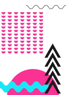 Geometrik şekiller. Neo Memphis geometrik poster kartlarında parlak kalın renkli zikzaklar, karalamalar, düzensiz görüntüler. Minimum kapaklı kaotik retro pop. Dergi, broşür, ilan panosu.