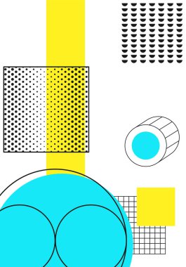 Geometrik şekiller. Neo Memphis geometrik poster kartlarında parlak kalın renkli zikzaklar, karalamalar, düzensiz görüntüler. Minimum kapaklı kaotik retro pop. Dergi, broşür, ilan panosu.