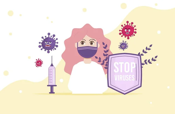 ウイルスの概念図を停止します マスクの女性医師 ウイルス感染からのシールドと予防接種の保護微生物の文字 中国のコロナウイルス危険生物 病原菌の流行 — ストックベクタ