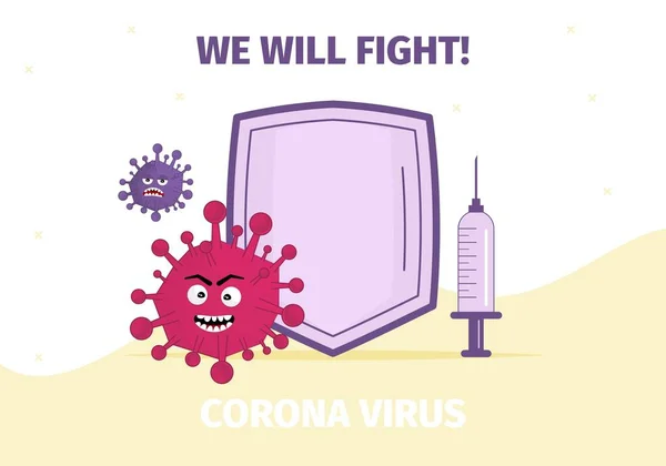 ウイルスの動機を停止するコンセプトベクトルイラストと戦います シールド注射器予防接種ウイルス感染マイクロバクテリア文字 中国のコロナウイルス危険生物 病原菌の流行 — ストックベクタ