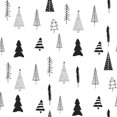 Noel ağacı ve kış tatili tasarımı için kar tanesi desenli kusursuz desen. İskandinav Noel monohrome Koleksiyonu. Noel kış dekorasyonu için ambalaj kağıdı. Tatil arkaplanı.