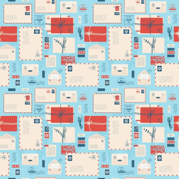 Sobre Navidad Con Bonitos Sellos Envolvente Correo Pegatinas Sellos Postal — Vector de stock