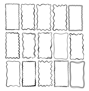 Tuhaf Coquette dalgalı kenar çerçeve dikdörtgen şekilleri. Vektör pürüzlü geometrik sınırlar tasarımları. Soyut Doodle Çerçeveleri Mükemmel çerçeveler, pullar, şablonlar, promosyon tasarımı