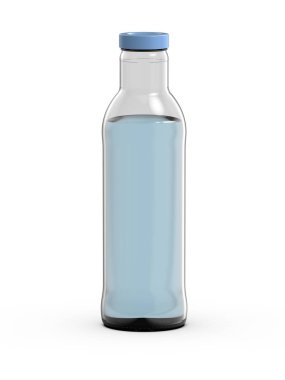 Cam şişe su beyaz arka planda, 3d render ile.