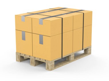 Europallet ile dolu kutular kurdele ile bağlanmış. Beyaz bir arka plan üzerinde ahşap palet üzerinde ambalaj. 3D çizim.
