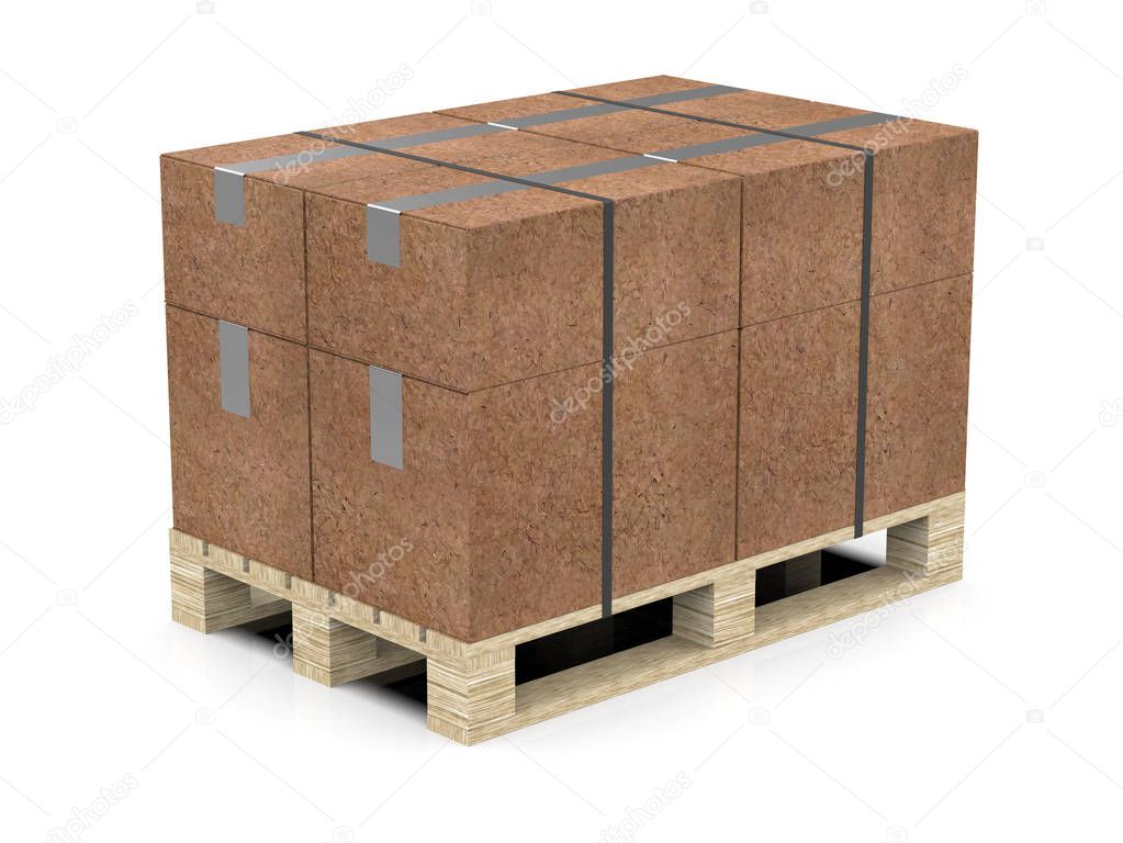 Europallets with packed boxes of recycled material, tied with a ribbon. Packing on a wooden pallet. 3d illustration.