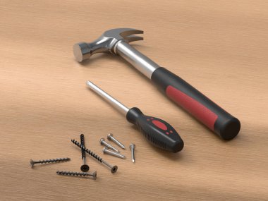 Tornavida ve vidalar kümesi ile çekiç. Araç tamir için ayarla. 3D render.