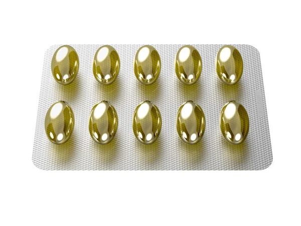 Kapsülleri Vitamin Paketi Ile Balık Yağı Vitamin Porous Tabletleri Render — Stok fotoğraf