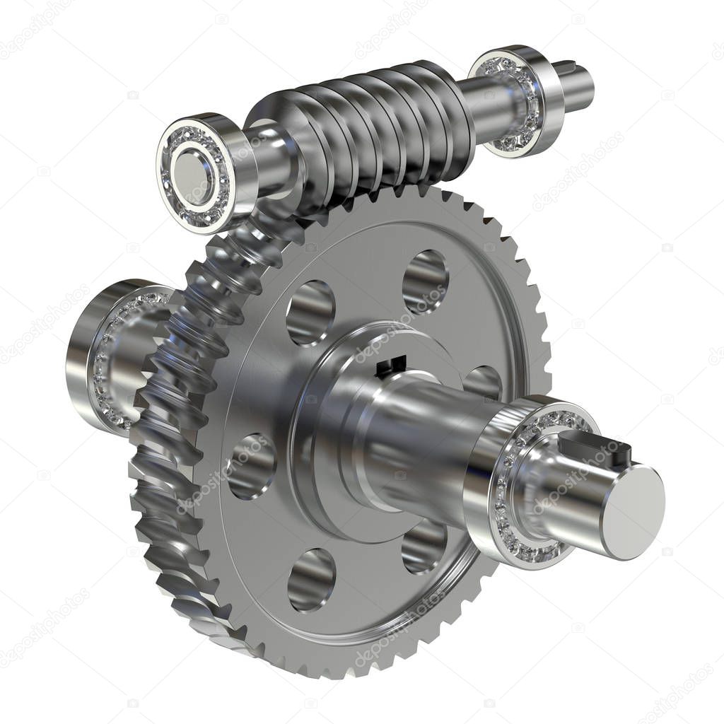 Gear worm wheels isolated on white background. Mechanics for training. 3D rendering.