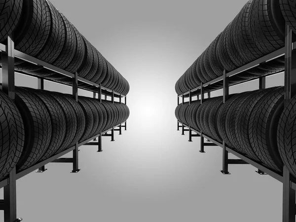 Car tire shop. Car tires on rack isolated on gradient background. 3d illustration.